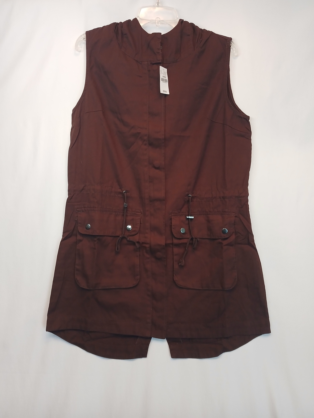 Brown Hooded Sleeveless Zip Front Utility Vest Anorak Dress L New!